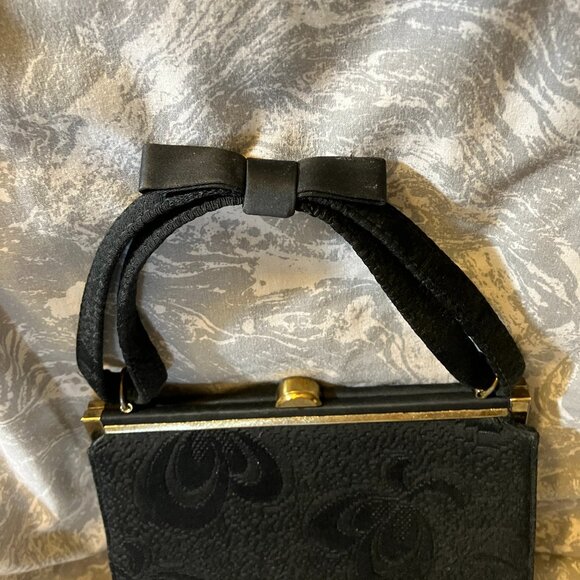 Rare VTG 1950's GARAY Black Damask Frame Handbag Double strap with bow- preowned - Picture 2 of 9